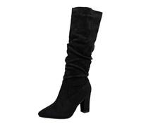 Generisch Élégantes bottes montantes au genou avec plis, bout pointu, talon classique pour garde-robe d'hiver festive pour femme, Noir , 42 EU