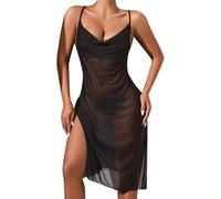Generisch Elegantes Transparentes Spitzen-Nachthemd mit tiefem V-Ausschnitt ärmellosem Netz-Unterkleid verführerische Nachtwäsche in floraler Stickerei (Black, M)