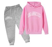 Generisch Enfants Casual Lettre Imprimé Manches Longues Sweat à Capuche Pull Sweatshirt Survêtement Jogging Pantalon de Jogging Unisexe 2 PC Ensemble de survêtement, Rose, 9-10 ans