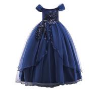 Generisch Enfants Robe Princesse Robe Ligne Épaule Fille Performance Longue Pompon Fête Enfants 2025, bleu, 6-7 ans