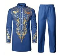 Generisch Ensemble 2 pièces à col montant universel pour homme, couleur or chaud, avec veste et pantalon, style africain, bleu, M