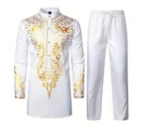 Generisch Ensemble 2 pièces à col montant universel pour homme, couleur or chaud, avec veste et pantalon, style africain, Blanc., XXL