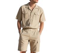 Generisch Ensemble 2 pièces à manches courtes pour homme - Chemise avec poches poitrine et short avec taille élastique - Pour les chaudes journées d'été - Combinaison en coton et lin le plus léger