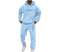 Generisch Ensemble 2 pièces de sport décontracté pour homme avec poche, manches raglan, sweats à capuche, cordon de serrage, pantalon en polaire, bleu clair, S