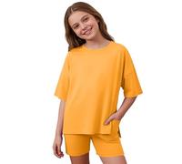 Generisch Ensemble 2 pièces décontracté pour fille, t-shirt ample avec pantalon de cyclisme, idéal pour le quotidien, l'école, l'extérieur, de 5 à 13 ans (orange, 7-8 ans)