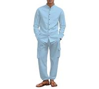 Generisch Ensemble 2 pièces en lin pour homme - Décontracté - Chemise d'été et pantalon long - Tenue de loisirs - Ensemble d'entraînement - Mode vacances plage - 2 pièces - Pour homme, bleu, XL