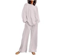 Generisch Ensemble 2 pièces en mousseline pour femme - Chemisier et pantalon long et large - Décontracté - Couleur unie - Manches longues - Col à revers - Tenue de maison - Ensemble de salon