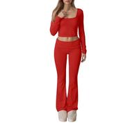 Generisch Ensemble 2 pièces pour femme avec haut court et pantalon évasé - Ensemble moulant en maille côtelée - Combinaison tendance et confortable dans le style des années 90, Style_e14 rouge, XS