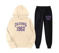 Generisch Ensemble 2 pièces pour femme avec sweat à capuche à manches longues, imprimé anglais tendance pour une mode décontractée élégante, beige, L