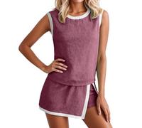 Generisch Ensemble 2 pièces pour femme - Débardeur en tricot côtelé + jupe divisée - Ensemble d'été - Lounge - Combinaison de loisirs - Débardeur sans manches et short - Survêtement, rouge, L