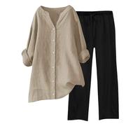 Generisch Ensemble 2 pièces pour femme - En mousseline - Élégant - Élastique - Couleur unie - 2 pièces - Pour dormir et se détendre - Pyjama en mousseline, kaki, M
