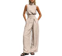 Generisch Ensemble 2 pièces pour femme - Pantalon d'été en lin - Sans manches - Débardeur large - Couleur unie - Pantalon de loisirs - Survêtement de jogging - Une promenade - Tenue élégante en ville