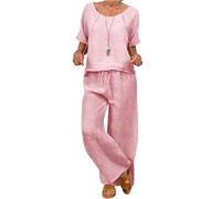 Generisch Ensemble 2 pièces pour femme - Pour l'été - Loisirs - En lin - Col rond - Manches courtes - Pantalon long et douillet