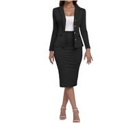 Generisch Ensemble 2 pièces pour femme - Tenue formelle - Ensemble décontracté d'affaires avec blazer à manches longues et jupe crayon midi - Ensemble élégant 2 pièces pour femme, Noir , M