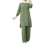 Generisch Ensemble 2 pièces pour femmes musulmanes, dos au mur, chemise à manches longues boutonnée et pantalon, abaya, robe de loisir, tenue de Dubaï, voile de mariée, perles, vert, 3XL