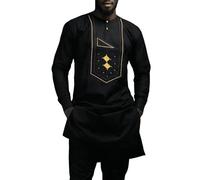 Generisch Ensemble 2 pièces pour homme, style ethnique africain, brodé, manches longues, col rond, décontracté, costume d'hiver 2026, Noir , S