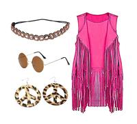 Generisch Ensemble 4 Pièces Femme Hiver Cardigan Ethnique Gilet Sans Manches avec Franges Glands Bandeau Fantaisie Accessoires, Rose, 3XL