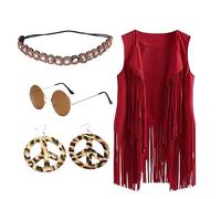 Generisch Ensemble 4 Pièces Femme Hiver Cardigan Ethnique Gilet Sans Manches avec Franges Glands Bandeau Fantaisie Accessoires, rouge, XXL