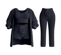 Generisch Ensemble 4 pièces pyjama d'hiver pour femme chaud en polaire corail velours confortable et doux peluche peluche à manches longues veste crop débardeur short et pantalon de jogging en peluche