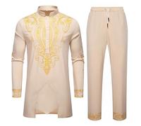 Generisch Ensemble africain Dashiki 2 pièces pour homme - Col montant - Chemise à manches longues - Pantalon long - Imprimé feuille d'or - Tenue traditionnelle du Moyen-Orient - Couleur unie