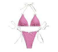 Generisch Ensemble bikini 2 pièces vichy pour femme avec nœud triangulaire sur le devant, mode plage, taille haute, maillot de bain montre-bracelet numérique, Rose, S
