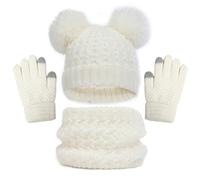 Generisch Ensemble bonnet d'hiver, gants, écharpe, ensemble de bonnets avec pompon, en tricot, guêtre, moufles doublées en polaire, Blanc., 1-6 ans