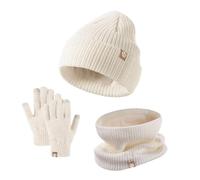 Generisch Ensemble bonnet d'hiver, gants, écharpe, pour fille et enfant, avec pompon, en tricot, cache-cou, guêtre, moufles doublées en polaire, beige, taille unique