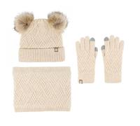 Generisch Ensemble bonnet d'hiver pour tout-petit avec écharpe, moufles pour garçons et filles, bonnet tricoté doublé en polaire, bonnet à pompon, cache-cou, gants, beige, 2-10