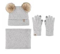 Generisch Ensemble bonnet d'hiver pour tout-petit avec écharpe, moufles pour garçons et filles, bonnet tricoté doublé en polaire, bonnet à pompon, cache-cou, gants, gris, 2-10