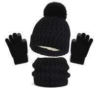 Generisch Ensemble bonnet, gants, écharpe pour tout-petit avec pompon, cache-cou, guêtres, moufles doublées en polaire, Noir , 1-6 ans