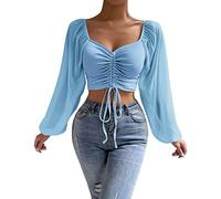 Generisch Ensemble chemisier décontracté uni avec cordon de serrage, manches ballon, skinny, cropped, manches longues, débardeur pour femme, bleu clair, S