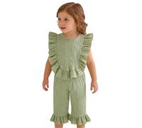 Generisch Ensemble de 2 pièces en lin mélangé avec volants pour fille - Tenue d'été confortable de couleur unie, vert, 3-4 ans