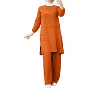 Generisch Ensemble de 2 pièces pour femmes musulmanes avec dos au mur, chemise à manches longues boutonnée et pantalon, Abaya, robe de loisirs, tenue de Dubaï avec voile de mariée et perles, Orange