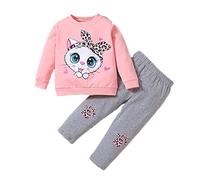 Generisch Ensemble de 2 vêtements pour enfants et bébés filles - Manches longues - Animaux de dessin animé mignons - Chemisier imprimé léopard - Pantalons - Tenues, Rose, 3-4 ans
