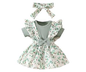 Generisch Ensemble de 3 pièces pour bébé avec ourlet en dentelle florale à volants pour filles, tout-petits, chemise à manches courtes, combinaison de jeu, foulard, vert, 6-12 mois