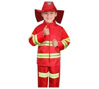 Generisch Ensemble de 3 pièces pour jeux de rôle de pompier, jouet scolaire, accessoires de campus, déguisement, protection incendie, veste, pantalon, casque, rouge, 8-9 ans