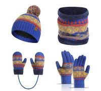 Generisch Ensemble de 4 pièces en tricot pour enfant - Bonnet d'hiver - Écharpe tubulaire - Gants en tricot - Écharpe douce et épaisse - Doublure polaire - Bonnet à pompon - 3 à 10 ans, bleu, taille