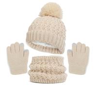 Generisch Ensemble de bonnet, écharpe, gants, accessoire tricoté doublé pour fille avec pompon cache-cou, beige, 1-6 ans