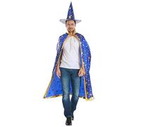 Generisch Ensemble de cape de sorcière de luxe en velours satiné avec étoiles dorées - Tenue magique pour Halloween et spectacles sur scène., bleu, taille unique