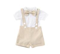 Generisch Ensemble de costume formel pour bébé garçon - Barboteuse à manches courtes - Bretelles - Pantalon - Nœud papillon - Tenue de mariage, beige, 18-24 mois