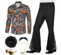Generisch Ensemble de déguisement disco années 70 pour homme - Set de 6 pièces avec chemise à motifs paisley et pantalon patte d'éléphant | Déguisement complet pour carnaval et fête à thème, M