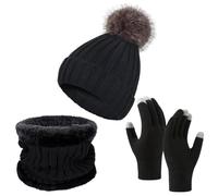 Generisch Ensemble de gants pour femme - Tricot douillet - Unisexe - Gants tricotés - Trois pièces - Tricot épais - Bonnet à pompon - Pour l'extérieur - Bonnet d'hiver - Bonnet tricoté - Écharpe, O