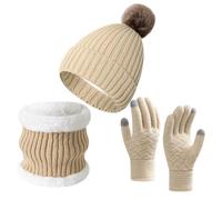 Generisch Ensemble de gants pour femme - Tricot douillet - Unisexe - Gants tricotés - Trois pièces - Tricot épais - Bonnet à pompon - Pour l'extérieur - Bonnet d'hiver - Bonnet tricoté - Écharpe, O