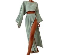 Generisch Ensemble de jupe fendue haute, haut sexy à manches longues et ventre nu, ensemble jupe à double fente, ensemble sexy 2 pièces maxi pour femme en lin, vert, S