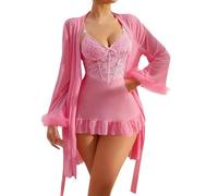 Generisch Ensemble de lingerie 3 pièces pour femme: bralette en dentelle, culotte et robe de chambre sexy lingerie police, Rose, M