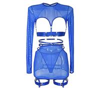 Generisch Ensemble de lingerie en dentelle creuse pour femme - Haut à manches longues avec anneaux de jambe, bleu, XL