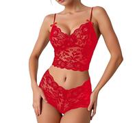 Generisch Ensemble de lingerie en résille 2 pièces soutien-gorge culotte transparente bralette ensemble de lingerie en dentelle avec motif floral lingerie militaire, rouge, S