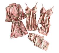 Generisch Ensemble de lingerie pyjama, peignoir, 5 pièces, ensemble de lingerie en dentelle, Rose, M