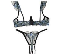 Generisch Ensemble de lingerie sexy noir rouge bralette, filet transparent, costume de jeu de rôle, bonnets ouverts, lingerie sexy, bleu clair, M