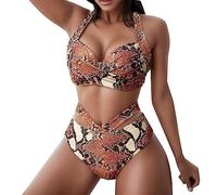 Generisch Ensemble de maillot de bain pour femme avec effet cache-cœur push-up et pantalon court imprimé serpent pour une apparence élégante sur la plage, marron, L